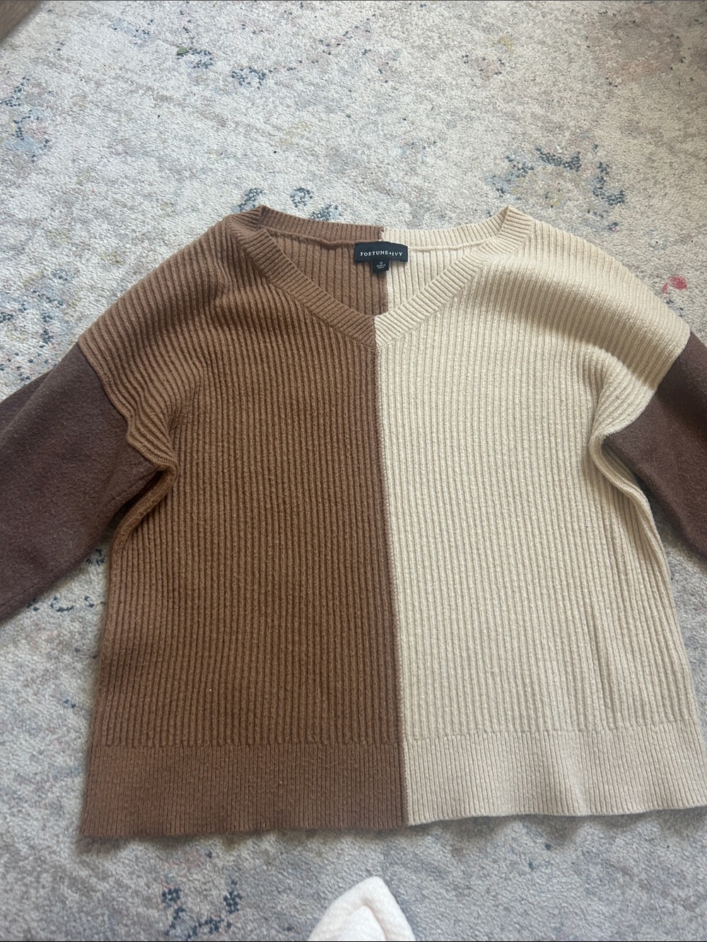 Portmans Two-Tone Brown & Cream Ribbed V-Neck Sweater